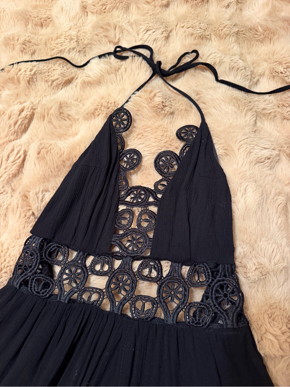 Shinestar Black Backless Halter Crochet Maxi Dress with Slits